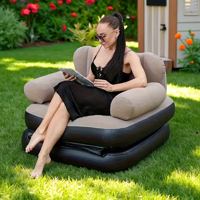 portable inflatable camping sofa chair- thickened pvc, quick inflation/deflation, multifunctional air bed for adults- foldable lazy sofa, suitable for camping, travel, beach, garden, and balcony- blue/khaki, tent for camping, camping mat, camping couch, camping air mattress, camping accessories, camping beds for couples, camping sleeping pad, camping pad, air sofa camping, camping mattress pad, beach lounger, balcony furniture, spacesaving furniture, compact sofa, Product details 0