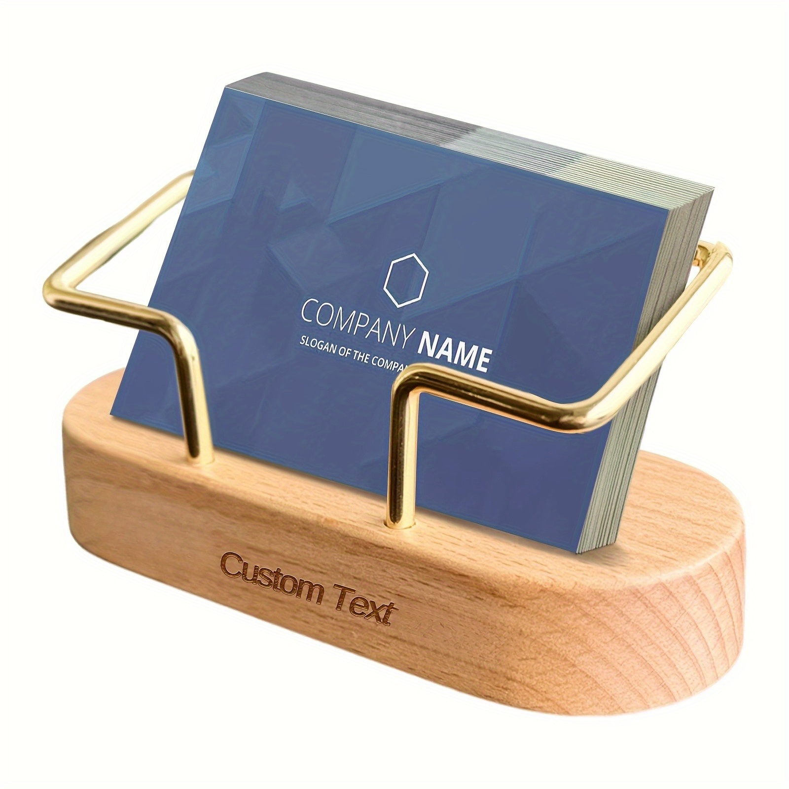Personalized Business Card Holder - Custom Engraved Name & Company, Elegant Desk Organizer with Golden brackets, Recycled Wood Construction - Office, Wedding, Anniversary, Birthday Gift for Professionals, Corporate Presentations - Custom Text Personalization, Business Card Holder for Desk, Dark Finish Base