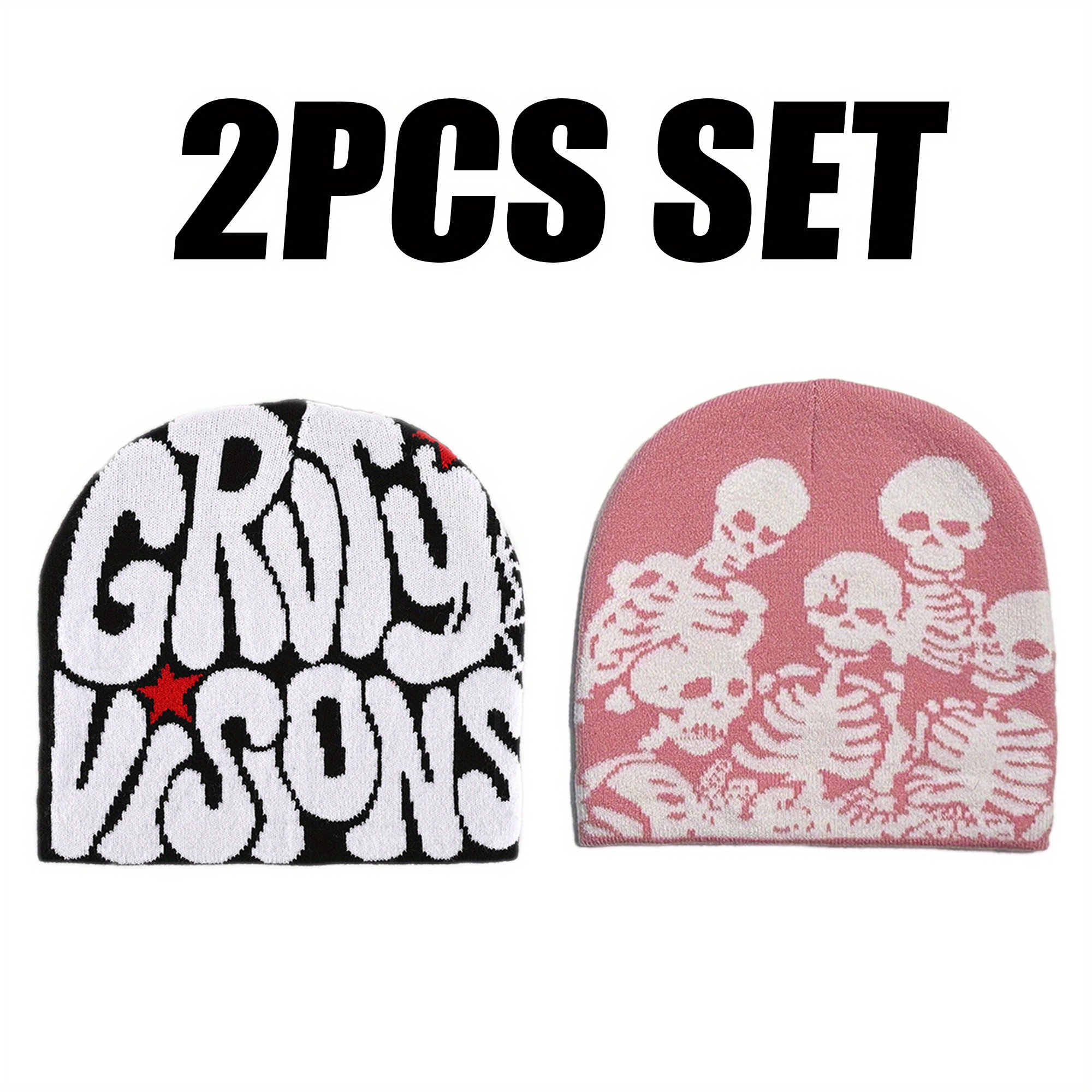 2pcs Set Acrylic Brimless Beanie & Jacquard Skull - Elastic Lightweight Warm Winter Hat, Unisex Hip-hop Skull For &,…: retailer-supplied image