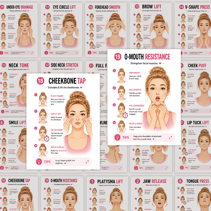 TEMU 20pcs Facial Lifting And Guide Cards | Facial Lifting And Exercise Guide, Facial Exercise Cards Suitable For Beginners |, Restores Natural