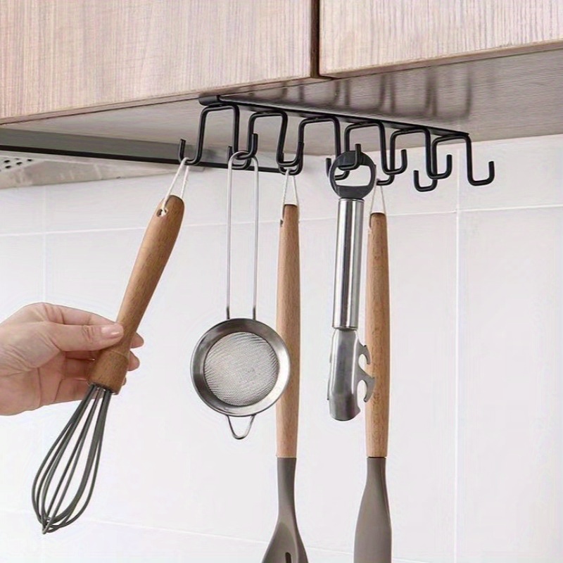 

1pc Modern Double-row Metal Kitchen Hook Rack, No-drill Hanging Storage Organizer For Cups And Utensils, Space-saving Under Cabinet Holder With Drainage