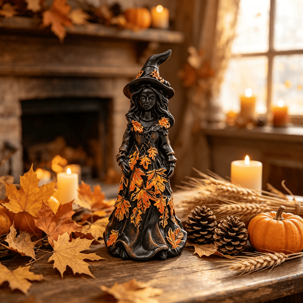 TEMU 1pc Gothic Witch Statue With Maple Leaf Dress - Vintage Resin Figurine Suitable For Halloween & Thanksgiving Decor, Tabletop Shelf Decoration,