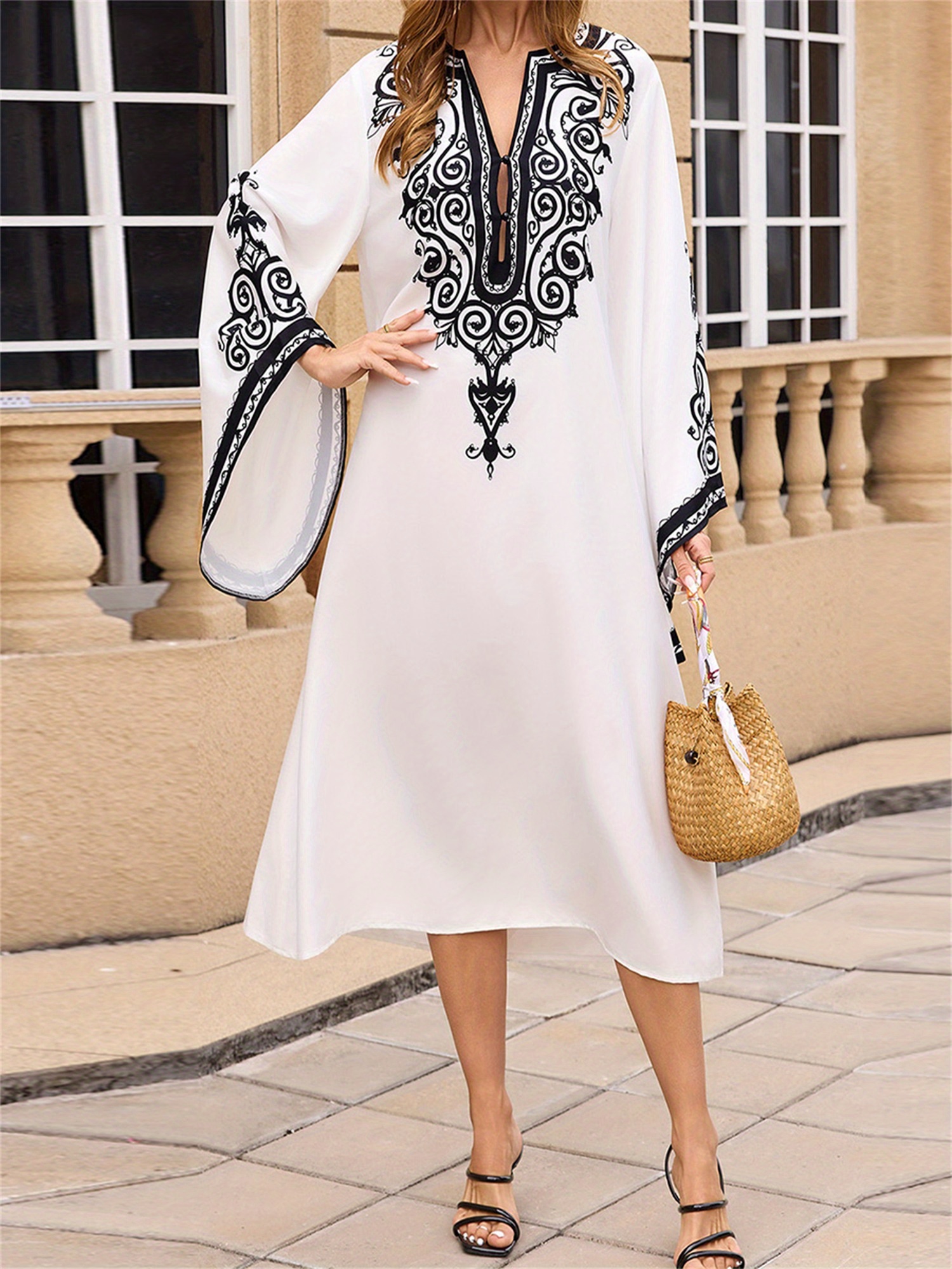 womens boho kaftan dress long bell sleeves loose fit beach Temu