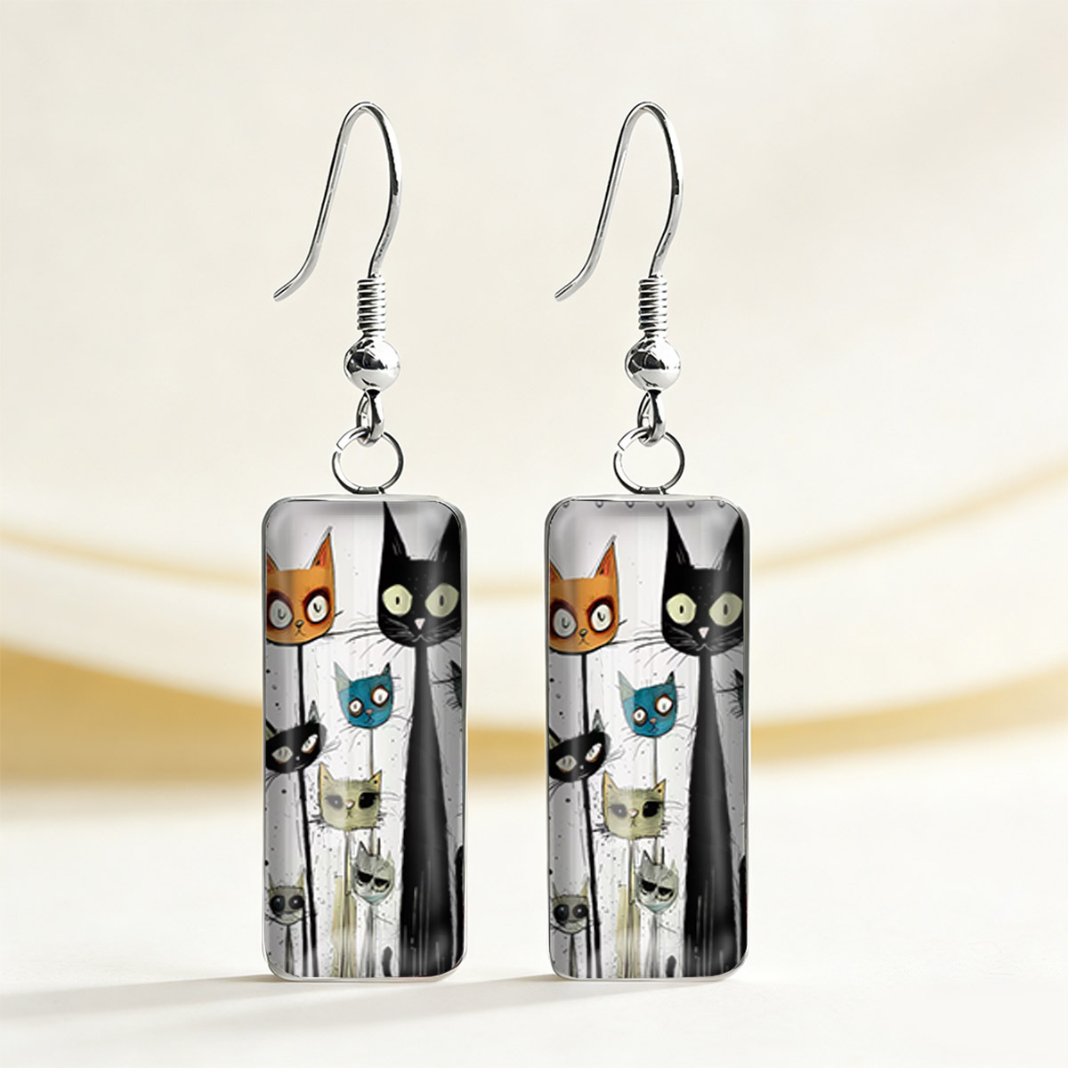 TEMU 1 Pair Bohemian Cat Earrings Suitable For , -free Kitten Doodle Ear Studs With Rectangular Frame, Minimalist Suitable For Parties/daily Wear,