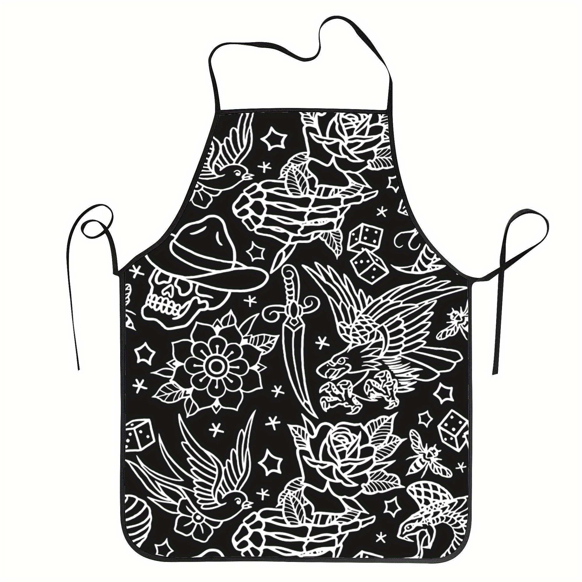 

Vintage-inspired American Traditional Tattoo Apron, Printed Design With Skulls, Roses, And Daggers, Adjustable Straps, Polyester Fabric For Cooking And Baking