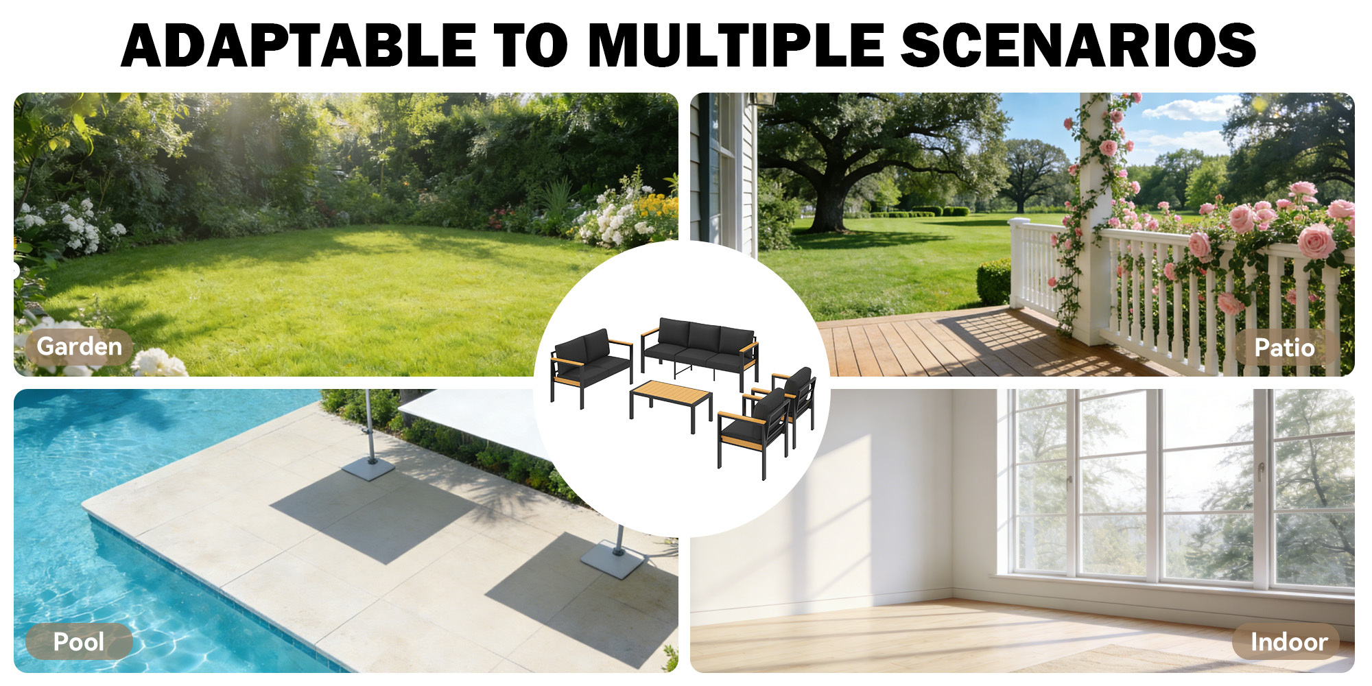 5pcs Outdoor Patio Furniture Set for 7, Metal Conversation Seating with Coffee Table, Ideal for Porch, Balcony, Garden And Sunroom, Gray/Black