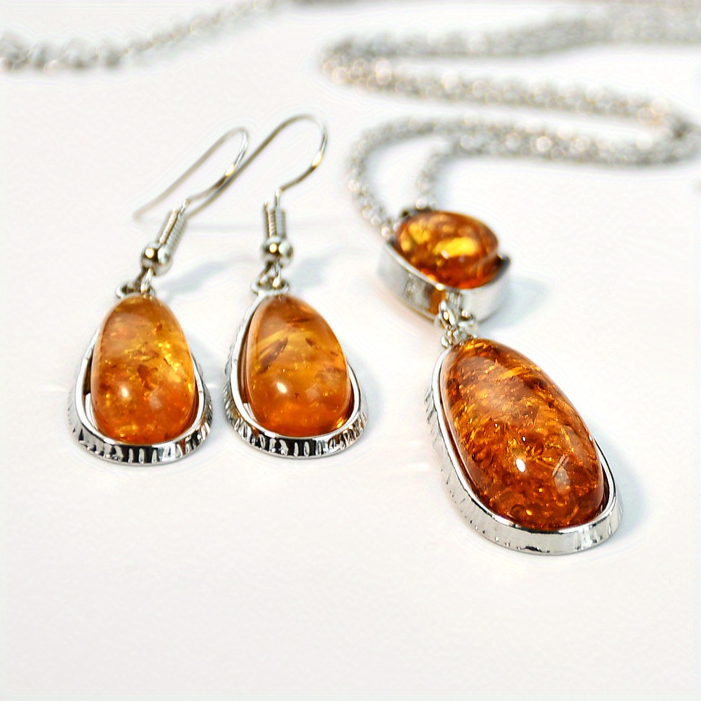 TEMU 3pcs Jewelry Set, And Teardrop Amber Pendant Necklace With Matching Pendant Earrings, Silvery-plated Amber Gemstone Jewelry Set, Elegant Women's
