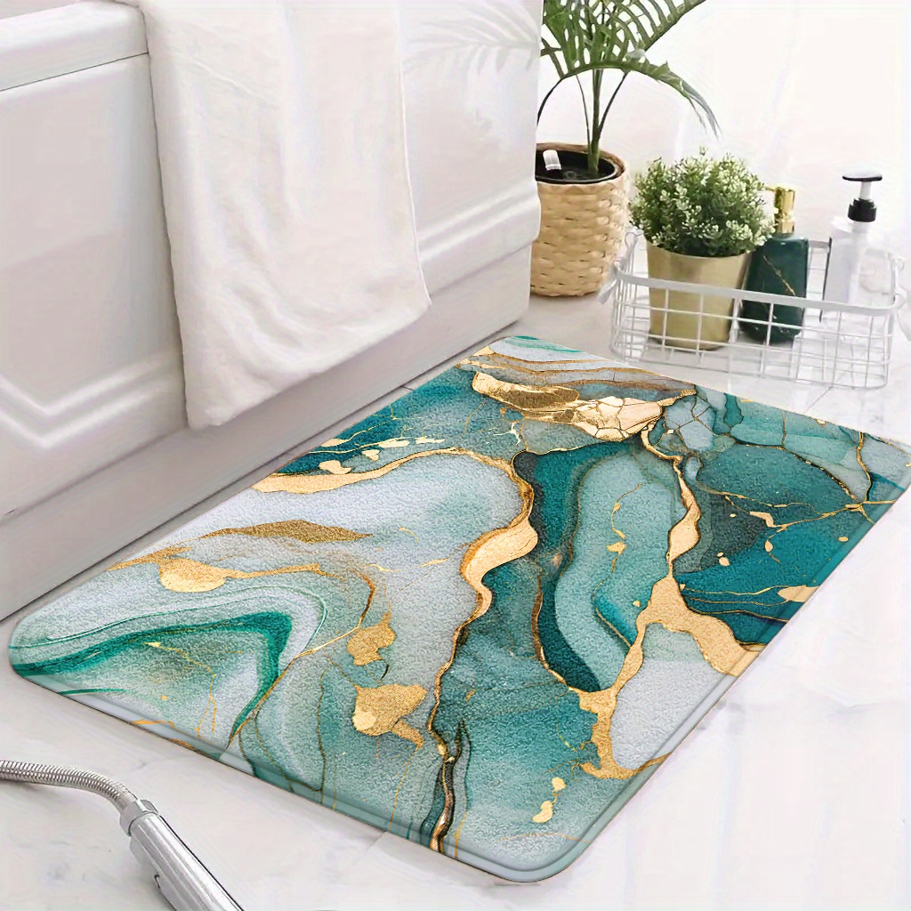 TEMU 1pc Golden Fluid Print Rectangular Bathroom Non-slip Mat, Light Luxury Artistic Style 1cm Thick-foldable Faux Cashmere Rug With Tpr Backing,