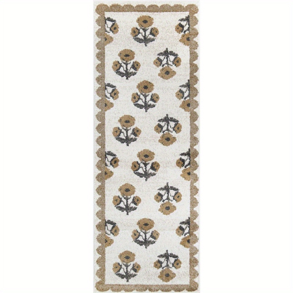 1pc blue floral runner mat with scalloped border machine washable polyester mat non slip rubber backing for hallway bedroom indoor decor soft durable   mat perfect mother s day gift rugs for living room   accessory