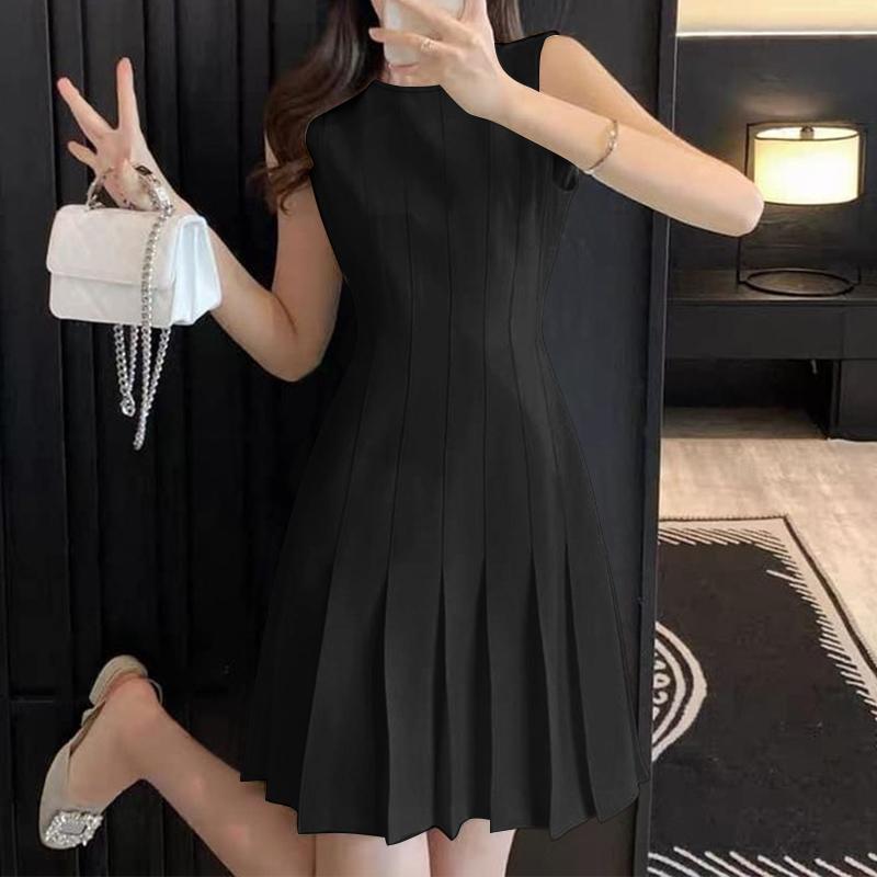ladies sleeveless a line swing dress a solid pleated design - Temu Oman
