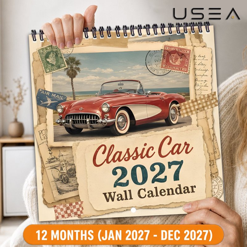 TEMU Wall Calendars2027 Wall Calendar 12 Month Yearly Organizer, Twin Wire Spiral Binding Hanging 8.3x8.3 Inch Square Vintage Classic Car Calendar,
