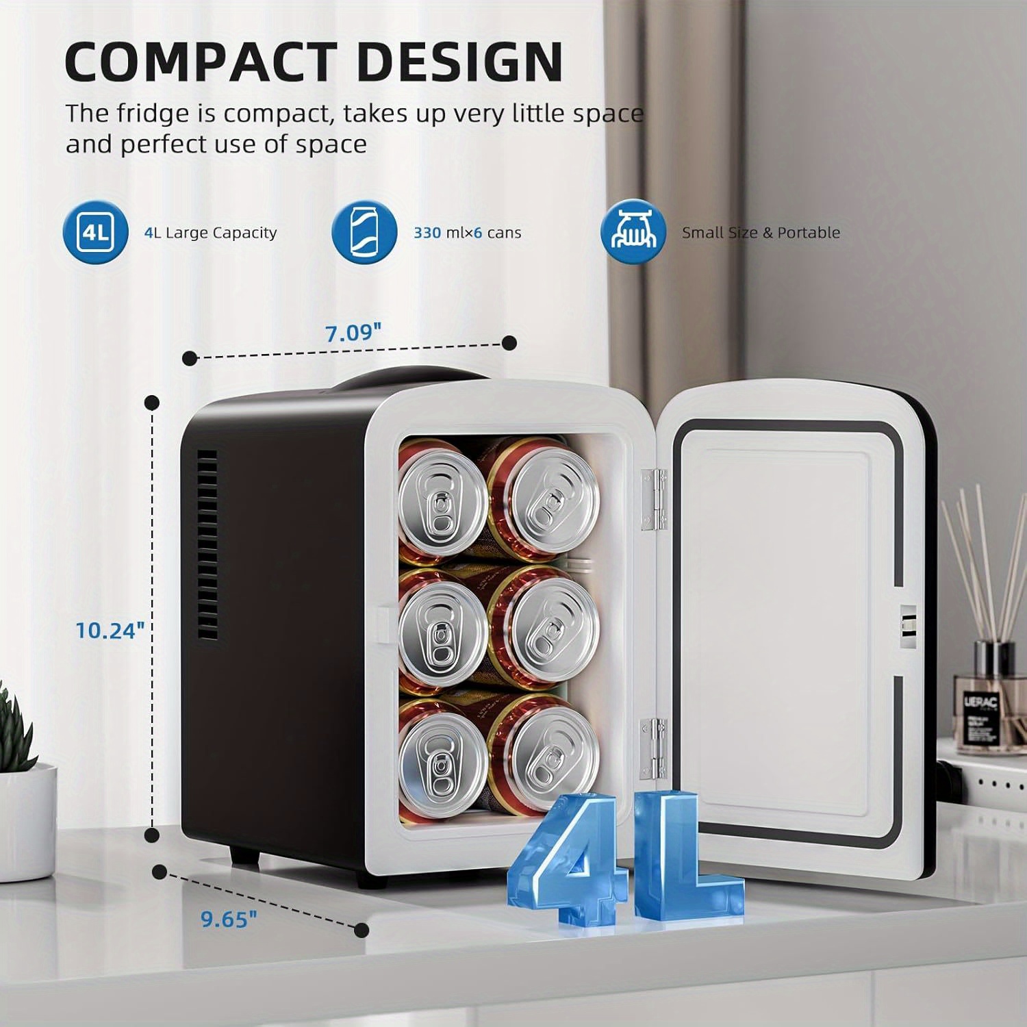 Portable Mini Fridge with Top-Mounted Door - 1.06gal Capacity, 6 Cans Storage, Compact Design for Bedroom, Car, Office & Dorm - Ideal for Cosmetics, Beverages & Food - Black PVC Square Cooler with Semiconductor Technology, 110-130V US Plug, Car Beverage Storage | Sleek Compact Design | Stylish Cooling, Mini Refrigerator