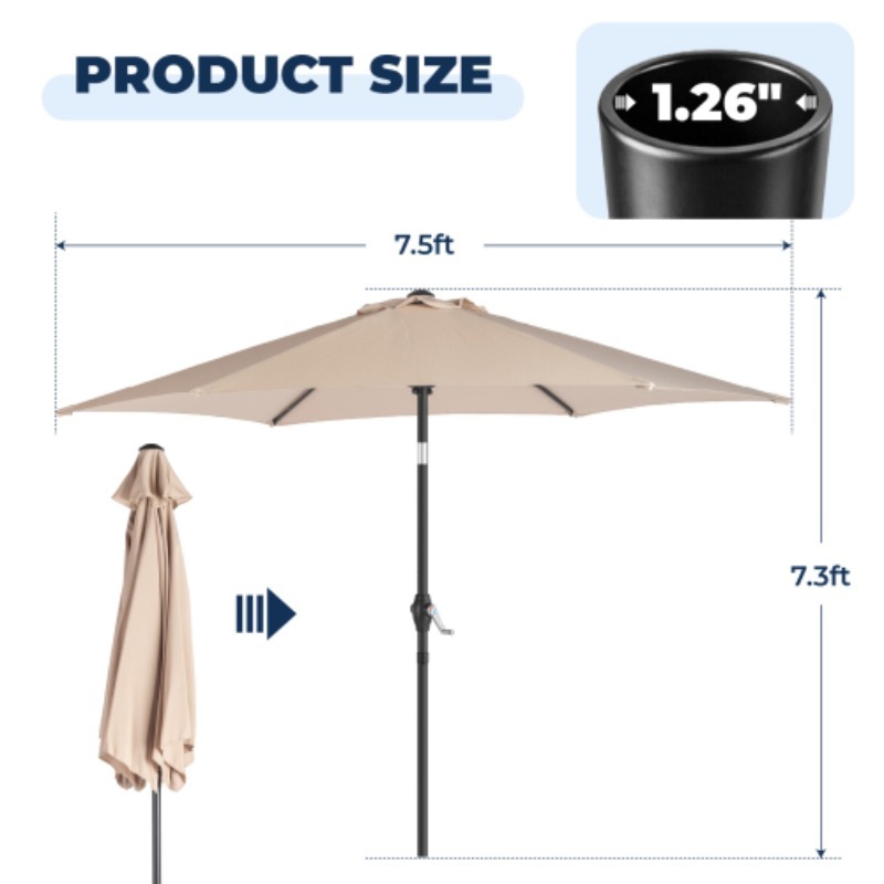 Image of 7.5ft Round Patio Umbrella, Khaki/gray Optional, 6 Ribs , Iron Pole, Polyester Fabric, Tilt Adjustable Outdoor Sun Umbrella