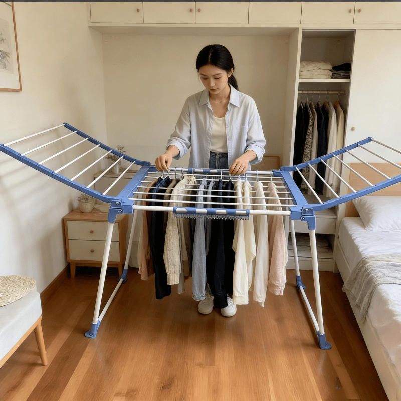 Heavy-duty Upgraded Folding Clothes Hanger, Composed of a Metal Frame and Plastic Connectors. The Frame Features a Rust-proof Surface Treatment, Combining Durability with Lightweight Portability. It Can Simultaneously Dry Multiple Garments and Adapts