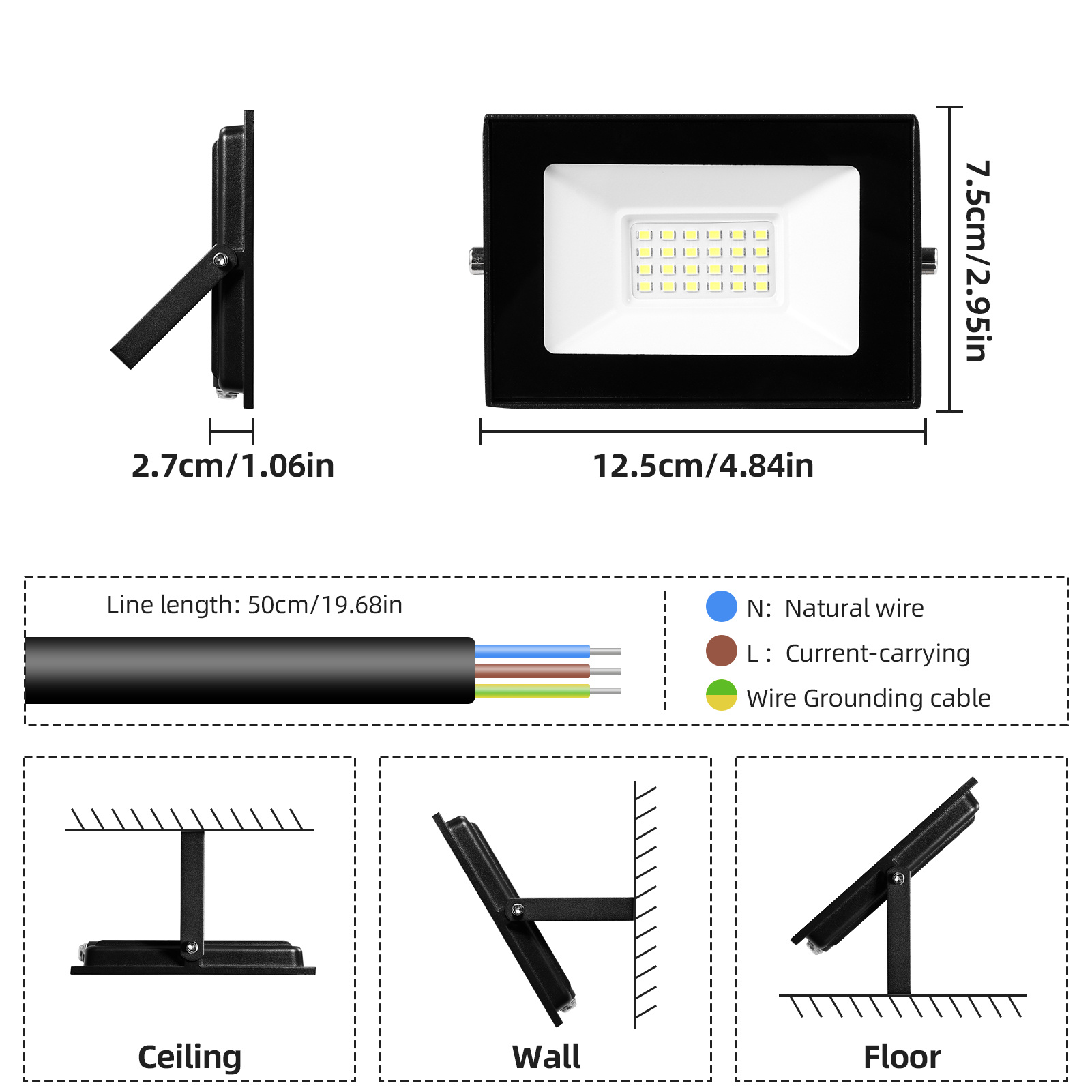 TEMU Set da 3 fari a LED da 20W, 2000LM, luce di per esterni, 12,5*7,5*2,7cm, freddo/ caldo con applique a LED IP65, luci esterne alimentate a rete