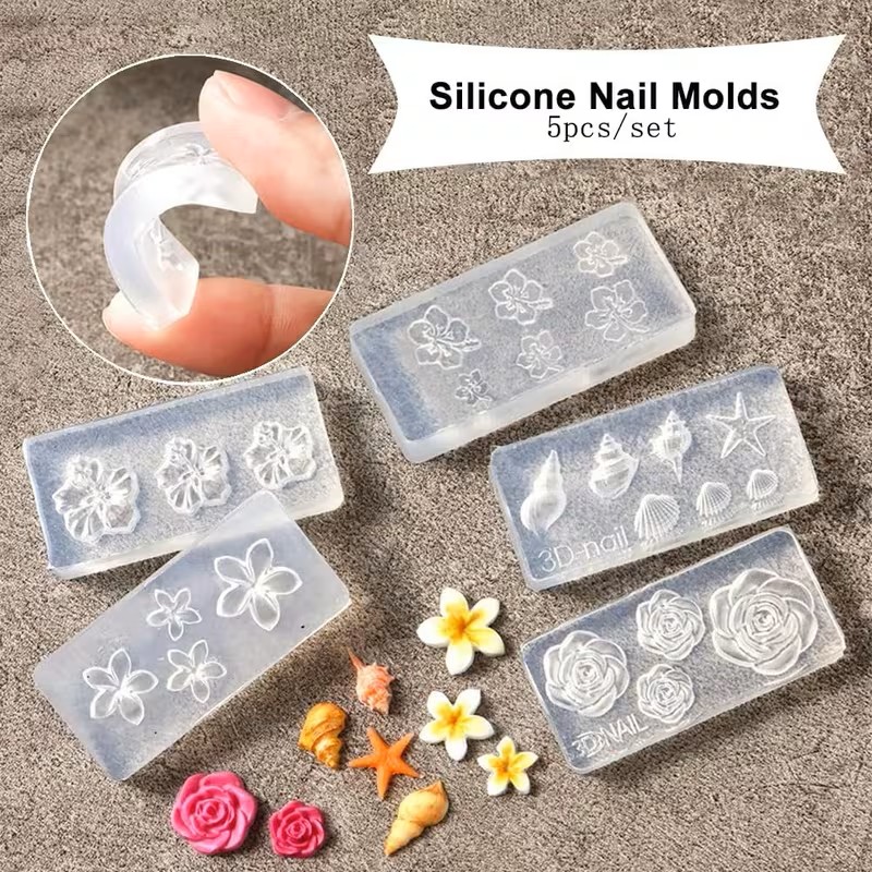 TEMU 5pcs 3d Flower & /resin Nail Art Molds - Silicone Diy Nail Charms With Rose, Cherry , Plumeria, For Gel Polish Manicure, Reusable Flower Carving