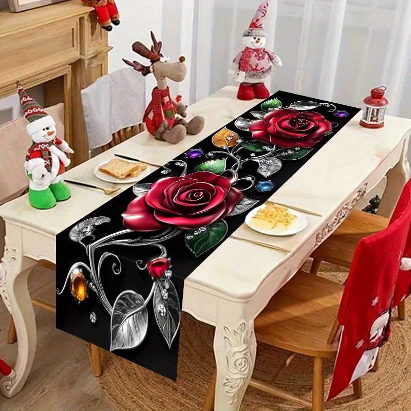 

Elegant Red Rose & Jewelry Print Table Runner - Romantic Polyester Decor For Dining, Living Room, Office | Ideal For , Outdoor Banquets, Picnics, Birthday Parties