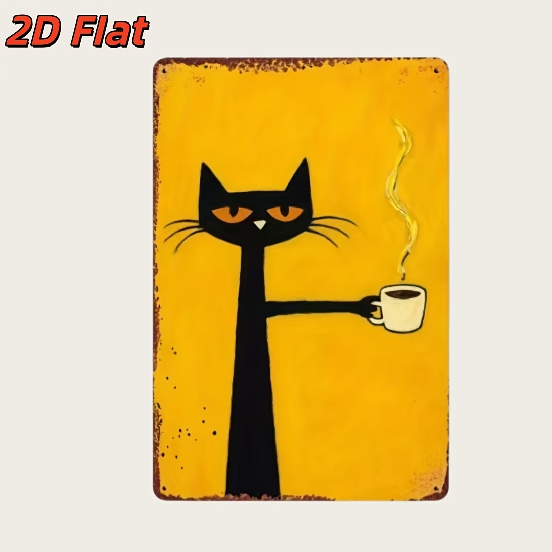TEMU 2d Flat 1pc Cat And Durable Wooden Wall Decor - Distressed Style, Black Cat Holding Cup, Indoor/outdoor Universal Decoration, Suitable For Home,
