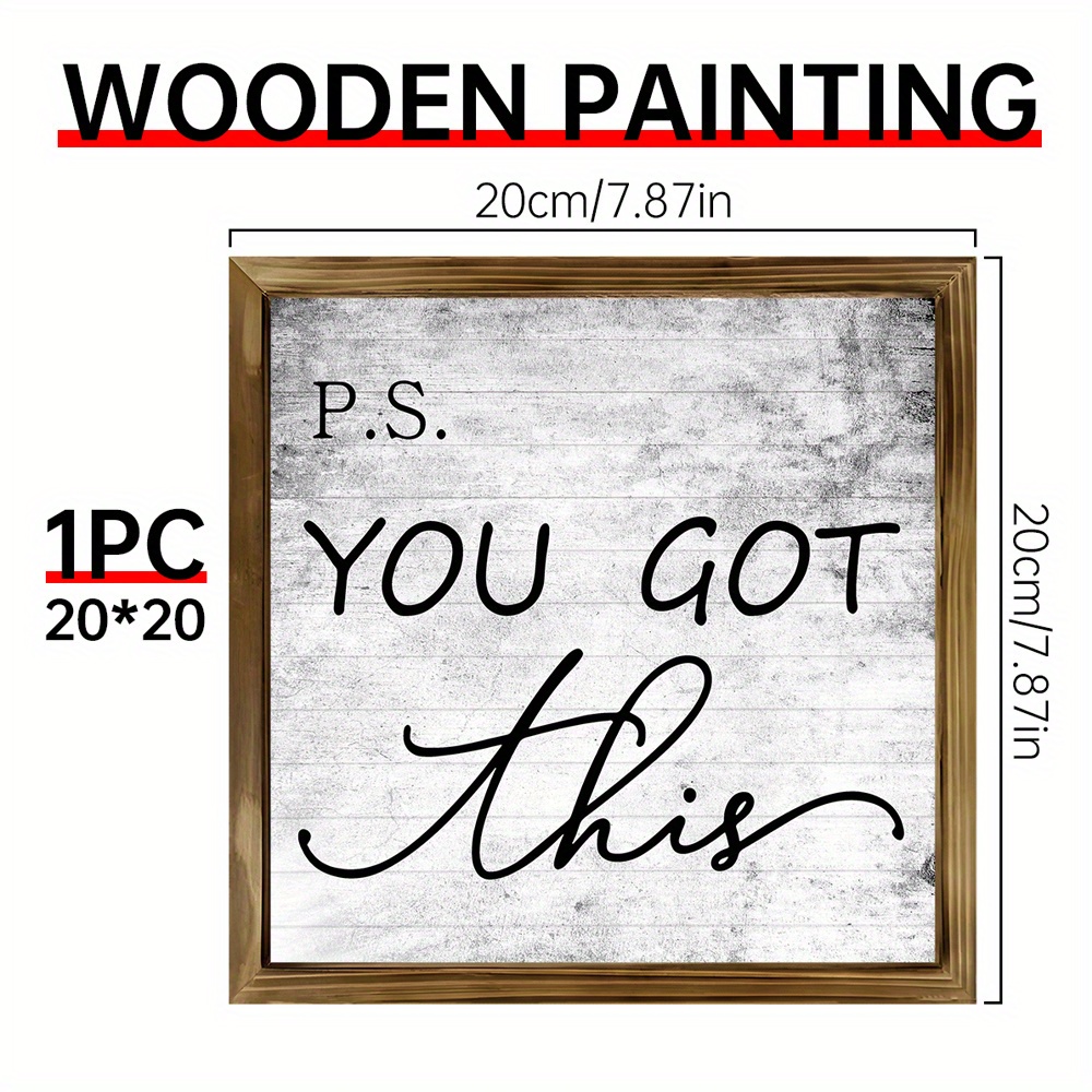 TEMU 1pc Handcrafted Rustic Wood Framed "p.s " Motivational Wall Art Sign - Black Text On White Wood Grain, Distressed Farmhouse Decor With Durable