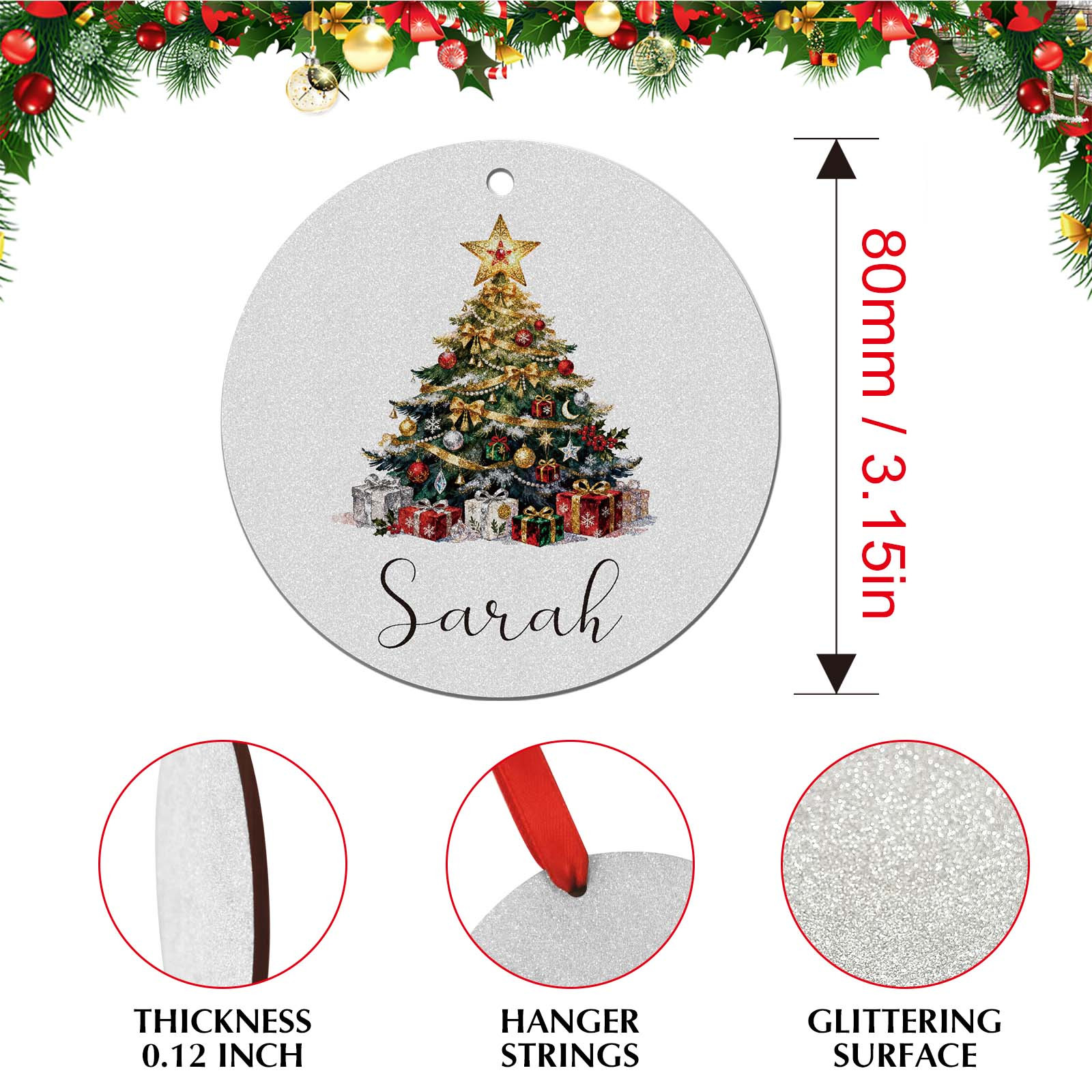 TEMU 2d Flat, 1pc Personalized Christmas Decorative Hanging Ornament, Holiday Pendant, 2d Flat Sparkling Silvery Round Charm For Home Indoor