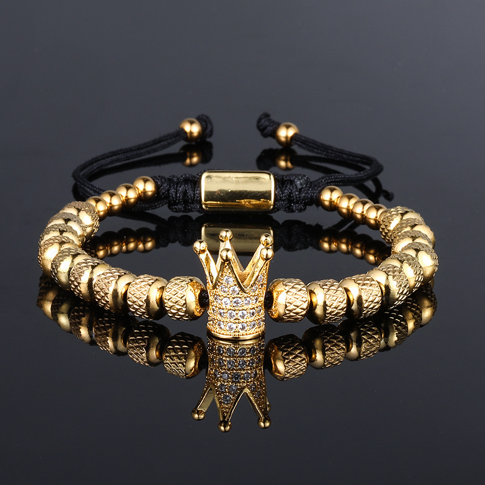 TEMU Bracelet tissé tendance pour homme en acier inoxydable avec perles de ananas, micro-pierres et un design de couronne large