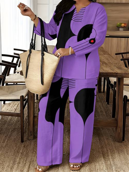 plus size womens two piece outfit pointed collar long pants set long sleeve pointed collar top with matching elastic waist straight trousers in sizes 1xl 5xl features contrasting geometric