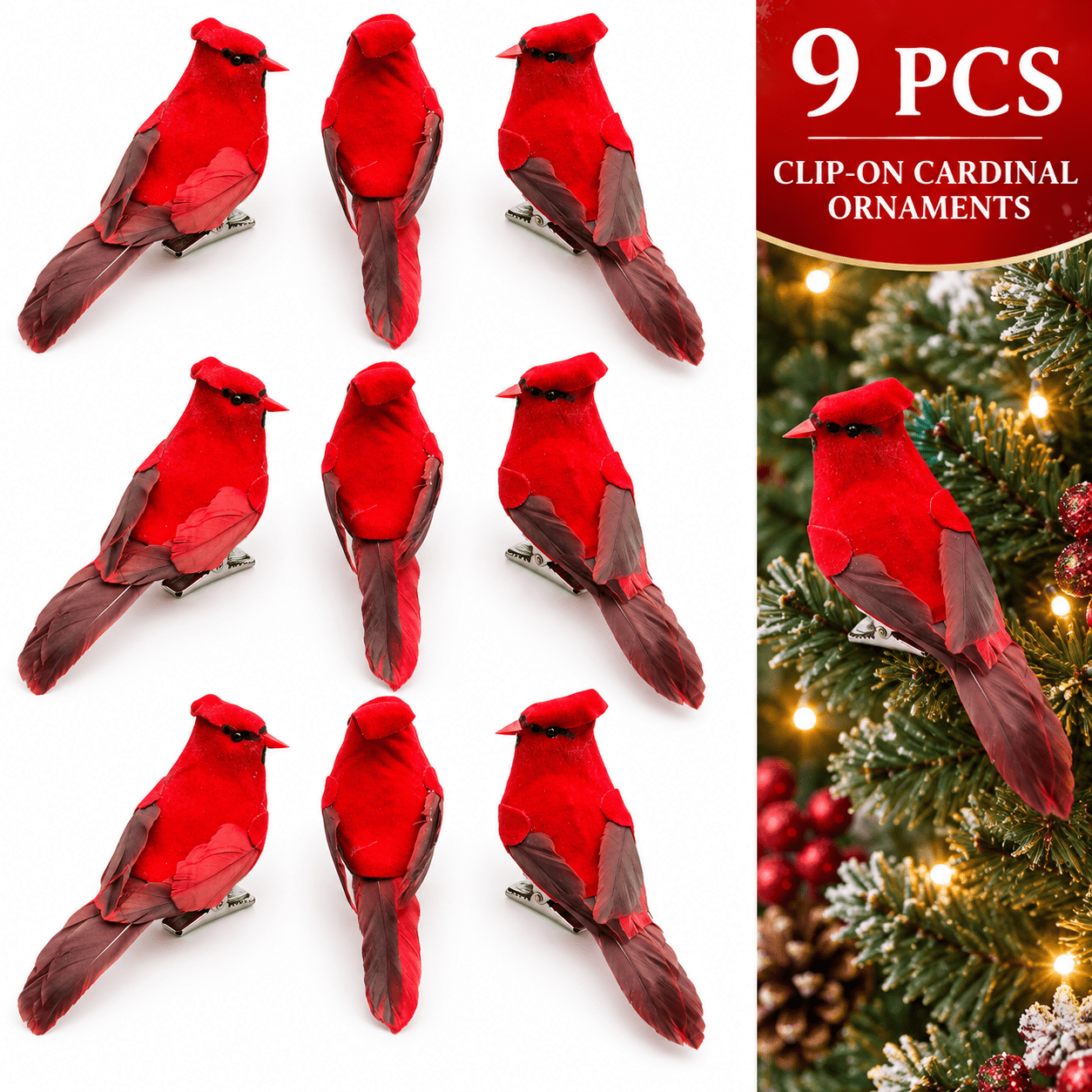 TEMU 9pcs Set Red Artificial Bird Clips, 12cm Feather Christmas Tree Wreath Floral Decoration Ornaments