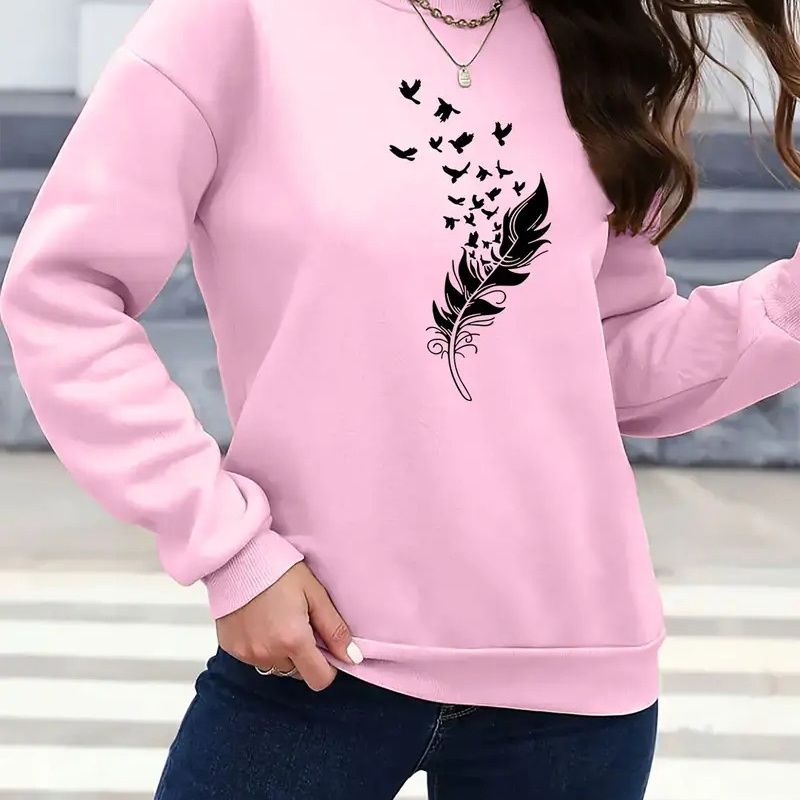 

1pc Sweat-shirt décontracté à imprimé plumes pour femme - Pull en polyester confortable avec col rond, motif lettre, pour toutes les