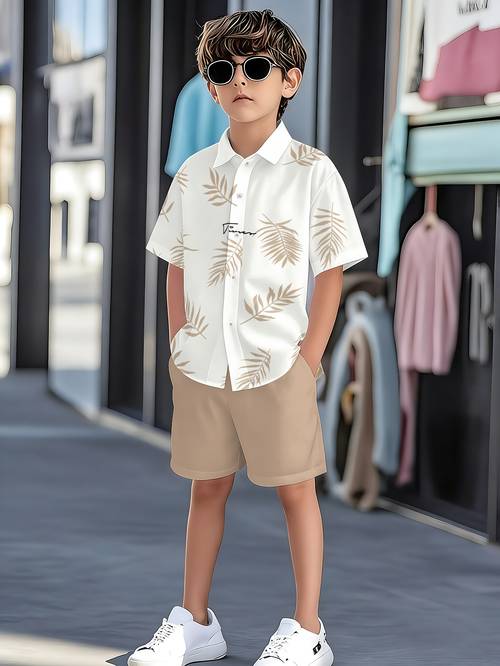 boys beach vacation outfit set casual short sleeve button shirt shorts set trendy wear for school daily wear outdoor for teenager