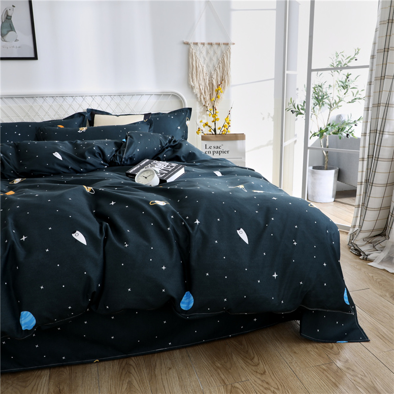 4pcs Set: Multi-Colored Planets + White Galaxy Stars Starry Sky Pattern, Modern Style Bedding (1 Duvet Cover + 1 Flat Sheet + 2 Pillowcases), Soft and Machine Washable Synthetic Fiber Fabric, Suitable for All Seasons, Does Not Include Comforter