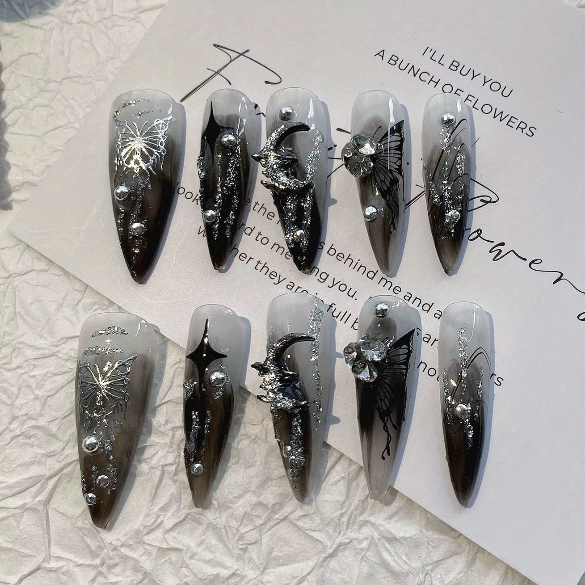 TEMU 10pcs Handmade Fake Nails Gothic Dark Punk Liquid Artificial False Wearing Press On Nails Tips