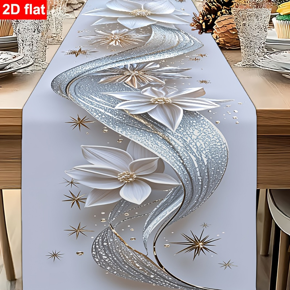 TEMU Chemin de table élégant 1 pièce 1 pièce Poinsettia blanc et doré - Rectangulaire en lin, convient pour Noël, , anniversaires, fêtes, pour la