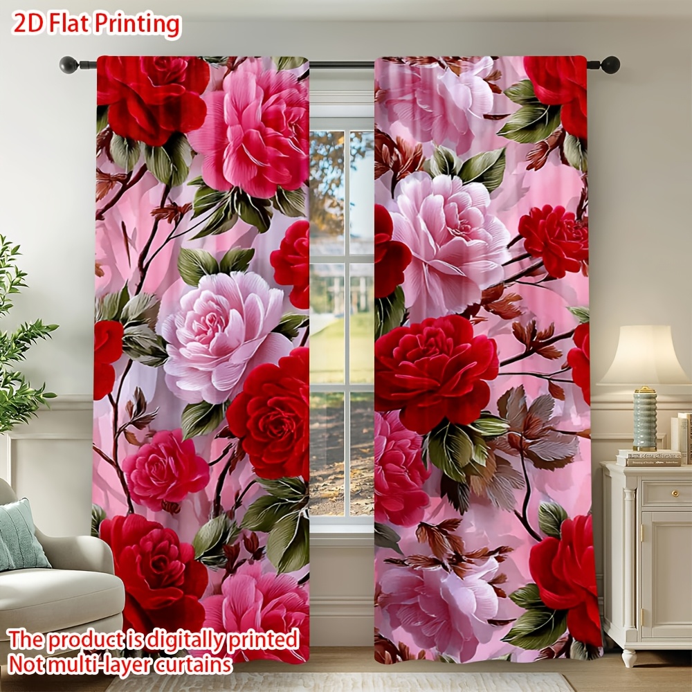 TEMU 2d Flat, 2pcs Set Of 2d Flat Printed Room Curtains, 2d Flat, 2pcs Curtains Printed With Valentine's Day Red Rose Pattern, With Rod Pocket, For