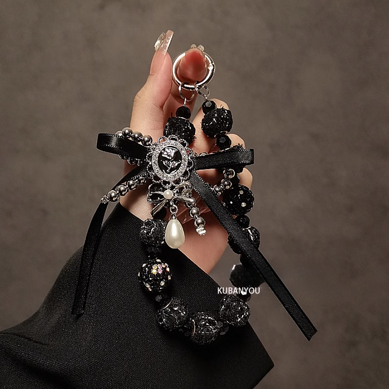 TEMU High-end Small-flavor Black Beaded Bracelet, Short Mobile Phone Lanyard, Mobile Phone Case Wrist Rope, Car Key Chain Bag Hanging Decoration
