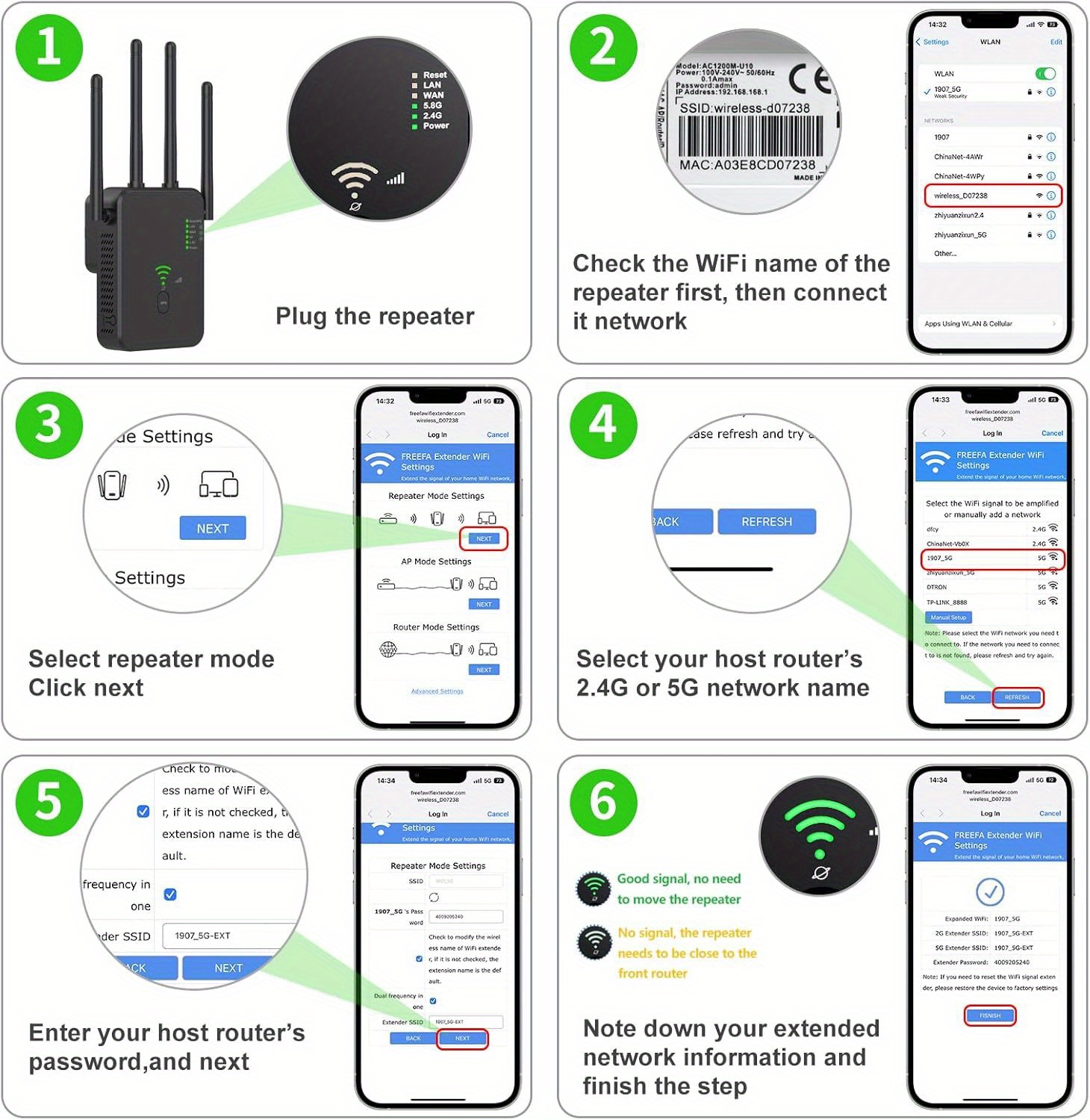 WiFi Extender, Signal Amplifier, Repeater, Router, Signal Booster, Easy to Set Up, 1200Mbps, Dual Band 2.4G/5G, 4 Antennas, 2 LAN Ports, Suitable for Home, Office