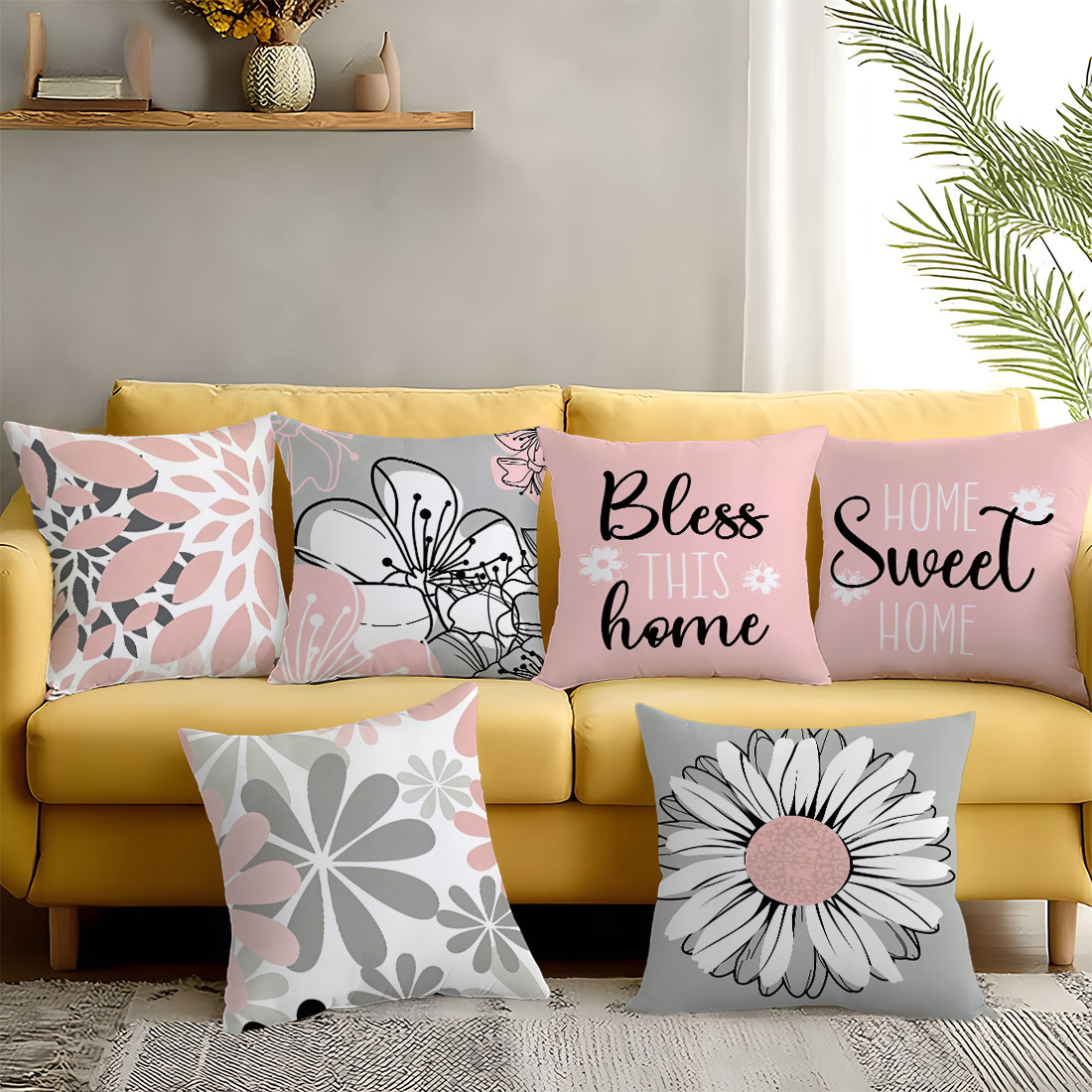 TEMU [] 6 piezas, de almohada con impresión de cara, de almohada y fácil de usar con geométrico de flores -pink, de almohada de decoración para el