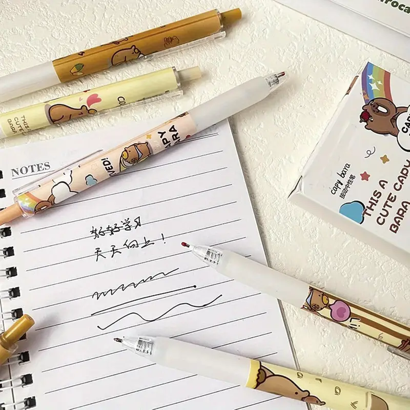 6pcs capybala retractable cute cartoon capybara pens 0. 5mm black ink gel ink aesthetic supplies for girls boys women men, cute gel pens, fancy pen, needle tip pens, cute pens bulk, school pens, ink gel pens, notetaking pens, writing tools, design, fun stationery, comfortable grip, durable pen, fine tip pen, retractable pen, stationery lovers, gift for friends Product details 3
