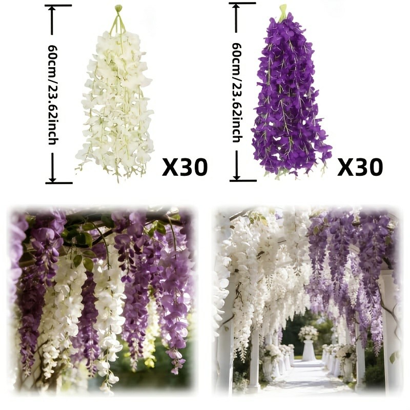 TEMU 60pcs Of Faux Flowers, Including 30 White And 30 Purple Wisteria , A Of Vibrant Decorations Suitable For Holiday Decor, Garden Setups, Outdoor