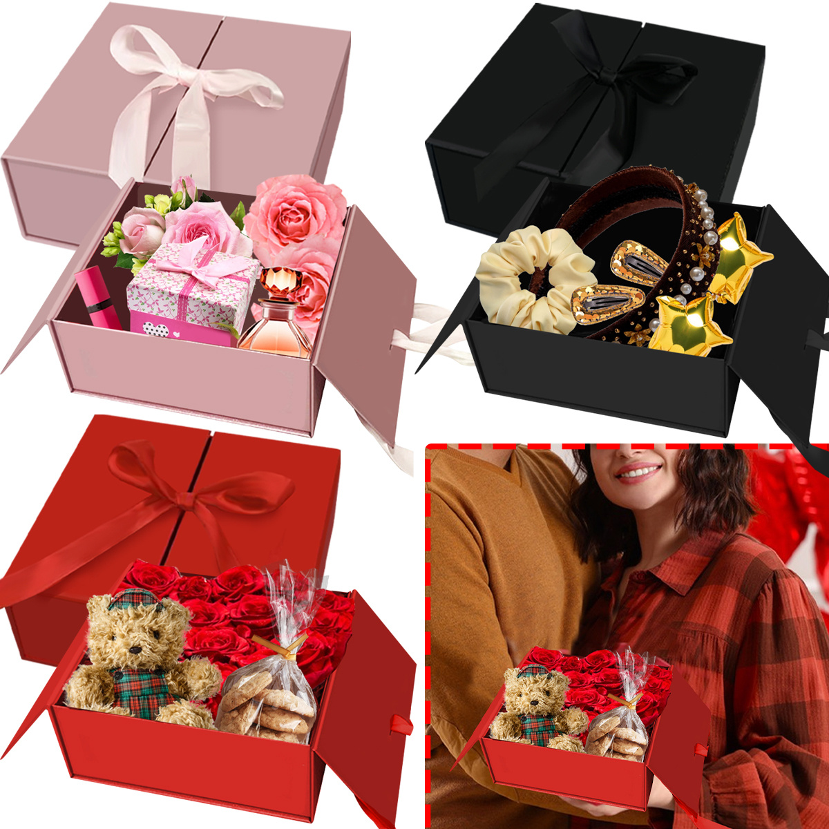 

Elegant Floral Gift Boxes With Ribbon - Foldable Square Paper Present Surprise Boxes For Weddings, Birthdays, Proposals, And Holiday Parties - Red, Pink, Black