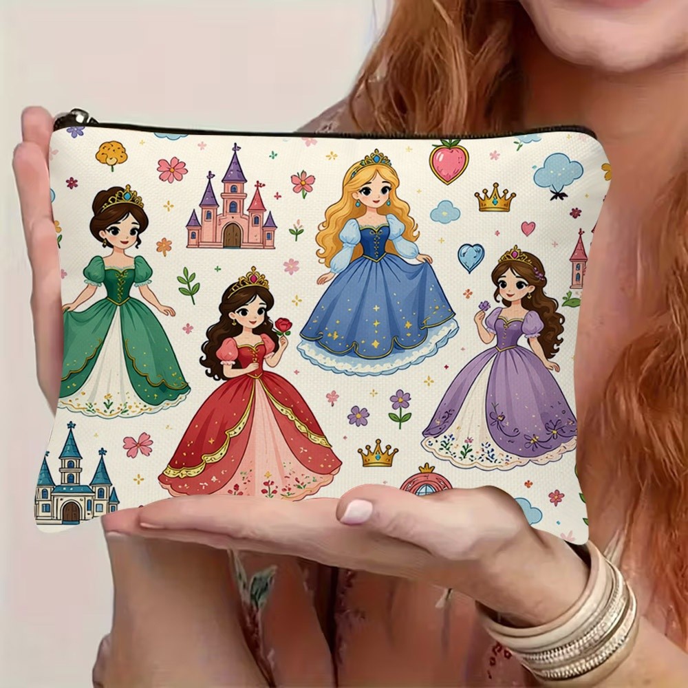 TEMU Trousse à maquillage fantaisie de de imprimée à plat 2D, 1 pièce, avec adorables princesses de dessin , châteaux, couronnes, fleurs, cœurs et