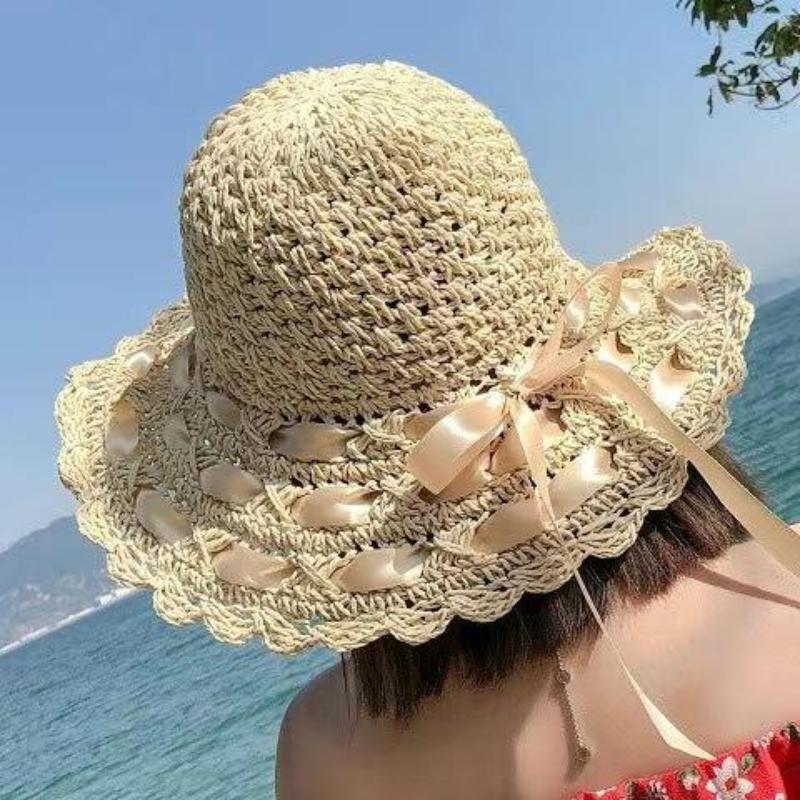 Image of 1. A Lady's Handmade Straw Hat With A Wide Brim And Crochet Weave| Breathable Rafia, Suitable For Beach Vacations| Foldable For Beachwear| Summer Style