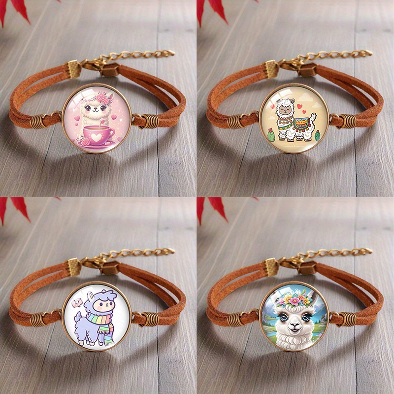 Image of 4pcs Cute Cartoon Alpaca Pattern Round Glass Brown Leather Bracelet Jewelry Gift For