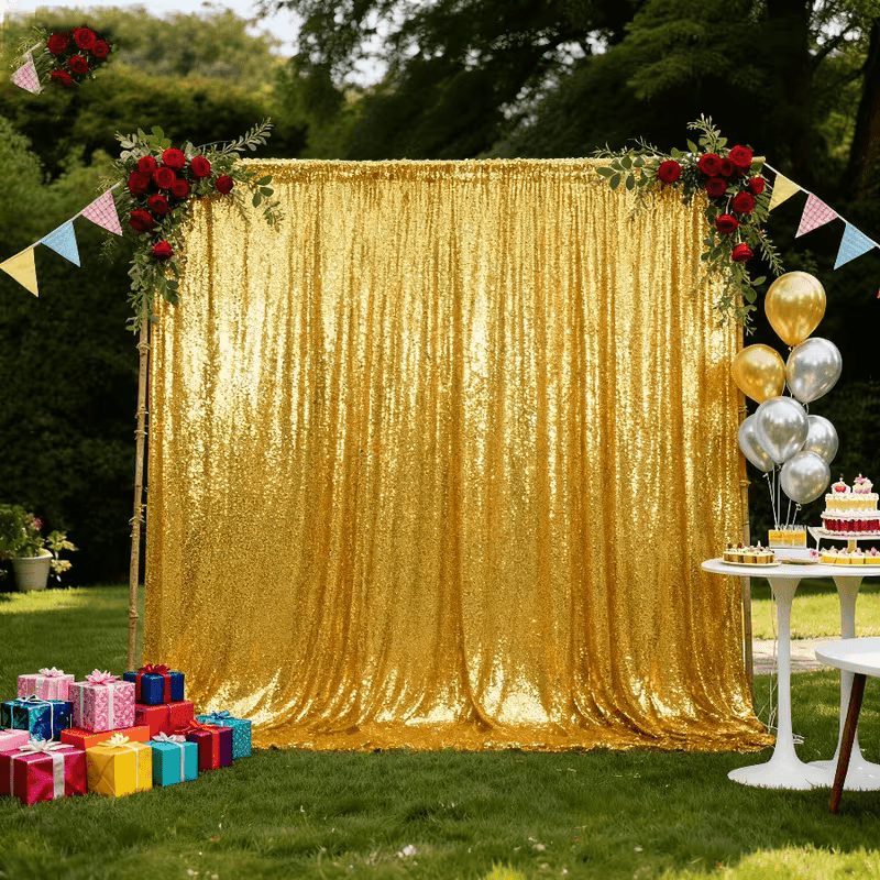 TEMU 1pc Golden Sequin Curtain Rod Background, Shimmering And Luxurious, One-piece Rod Opening Design, Ideal For Grand Opening Ceremonies, Outdoor