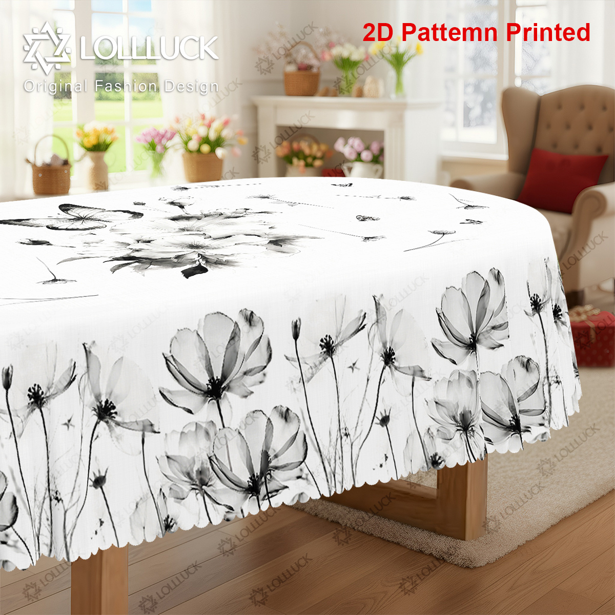 TEMU 1pc, Nappe de fête sur le thème Printemps Été, Papillons Libellules Lotus Floral Style Encre Chinoise Imprimé, Nappe Rectangulaire/Ronde/Ovale,