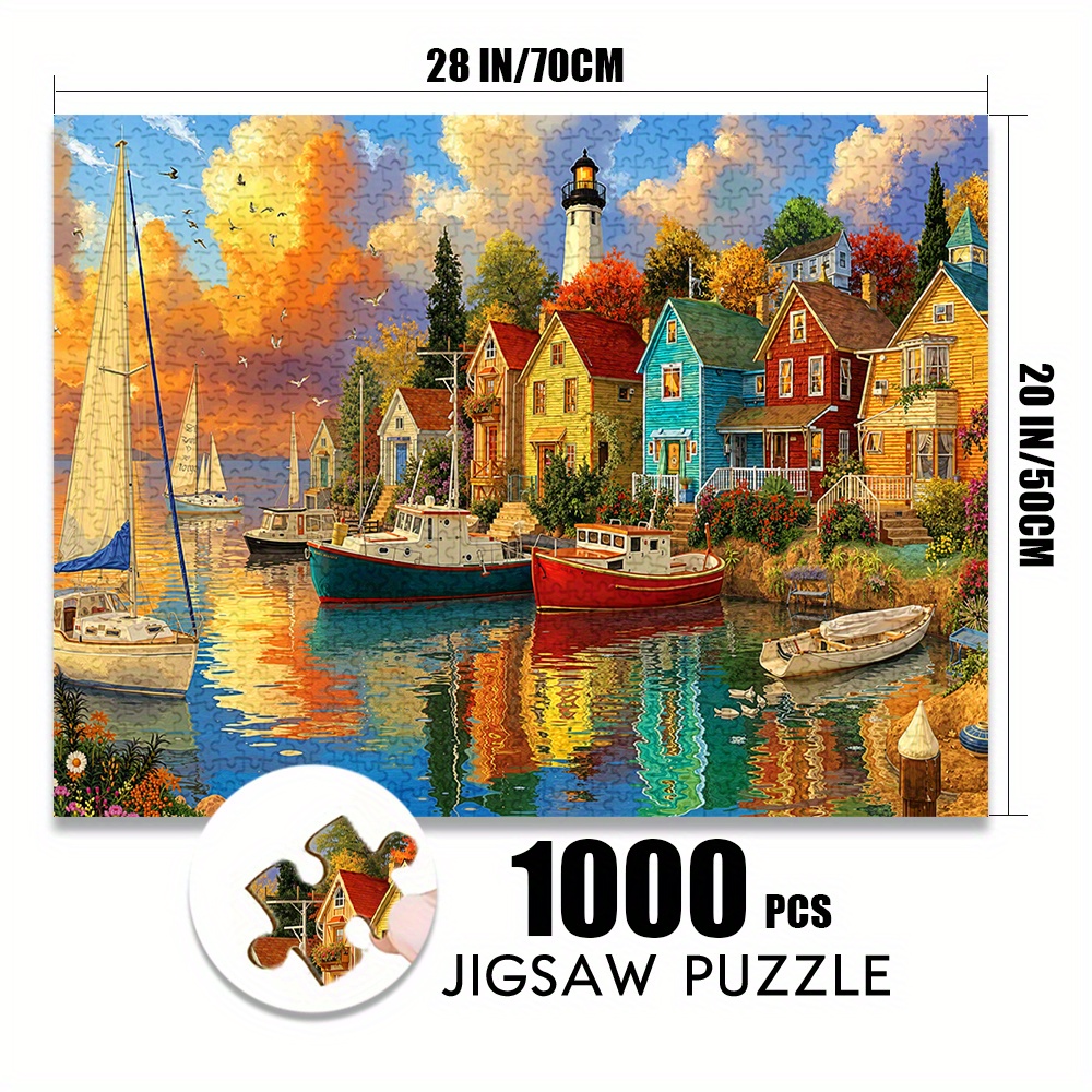 TEMU 1000pcs Jigsaw Puzzle (500 Blocks) - Coastal Town Puzzle With Harbor, Sailboats, Lighthouse - Anti-scratch Surface, Challenging Large Puzzle For