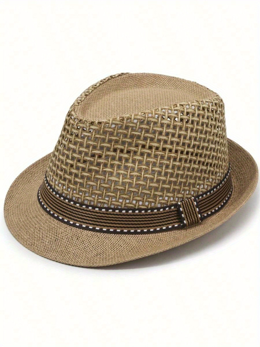 breathable sun cap trilby sun hat outdoor straw fedora hat men retro jazz hat details 6