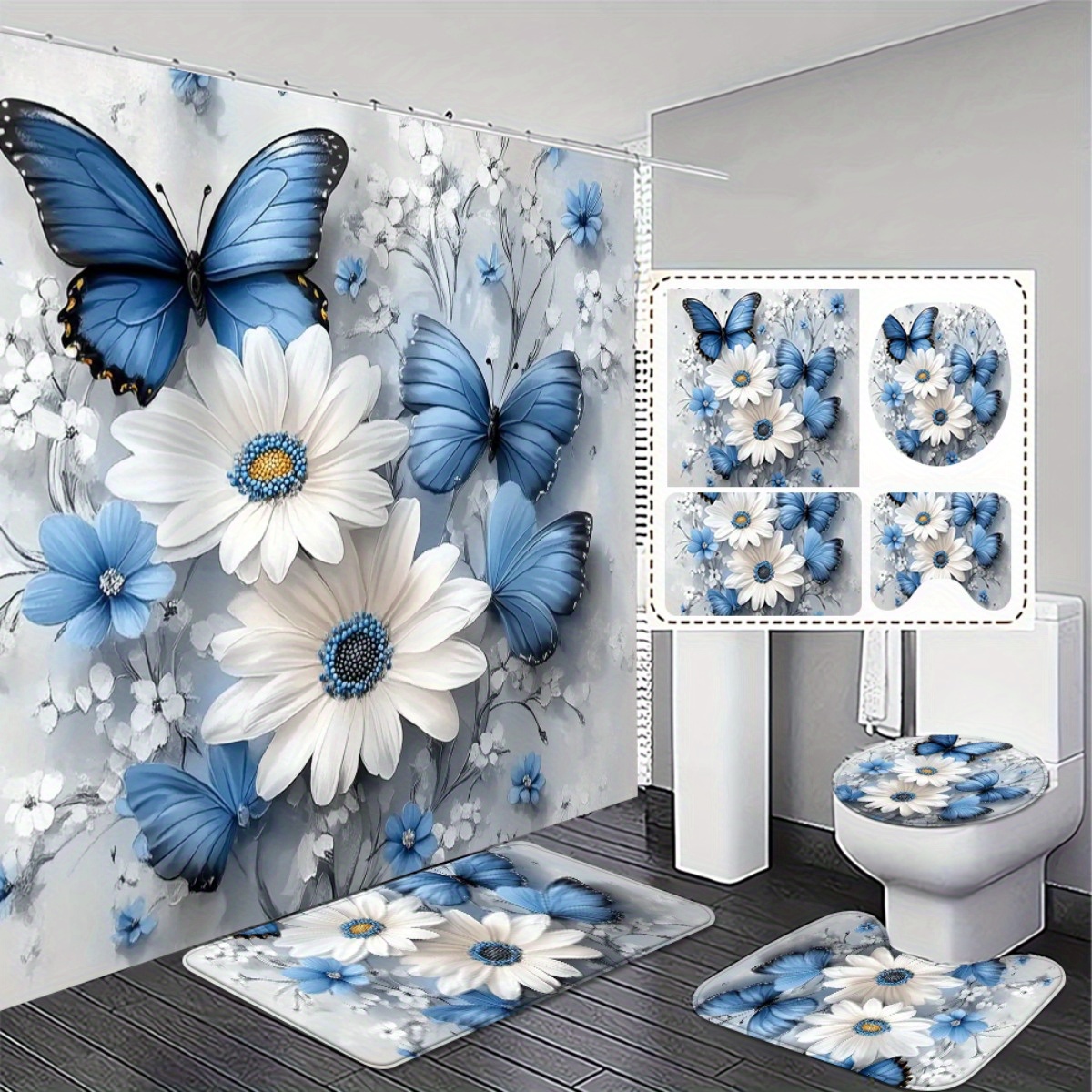 E-shop 2D FLACHDRUCK, 1/3/4 Stück, Modisches Einfaches Badezimmer-Set mit Blauem Schmetterling Weißer Blume – Duschvorhang, Badematte,
