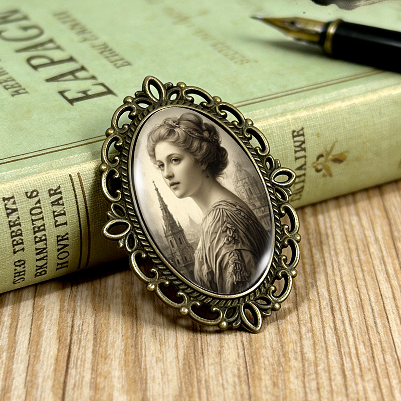 TEMU 1pc Victorian Lady Portrait Brooch Oval Lace- Glass Brooches Clothing Backpack Accessory Ideal Gift