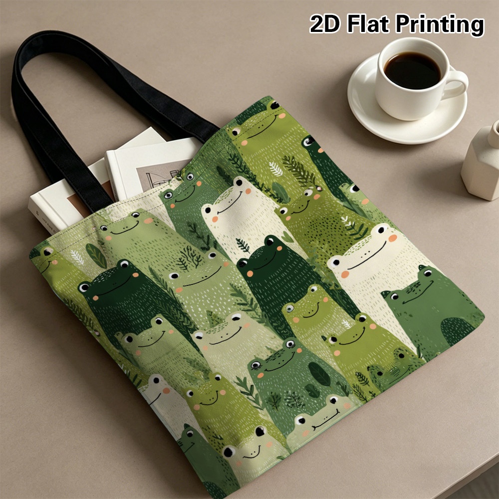 TEMU 1pc,women's Handbags, 2d Printed Smiling Green Frogs Theme Tote Bag - Versatile Reusable Grocery Bags, Lightweight Foldable Shoulder Bag With