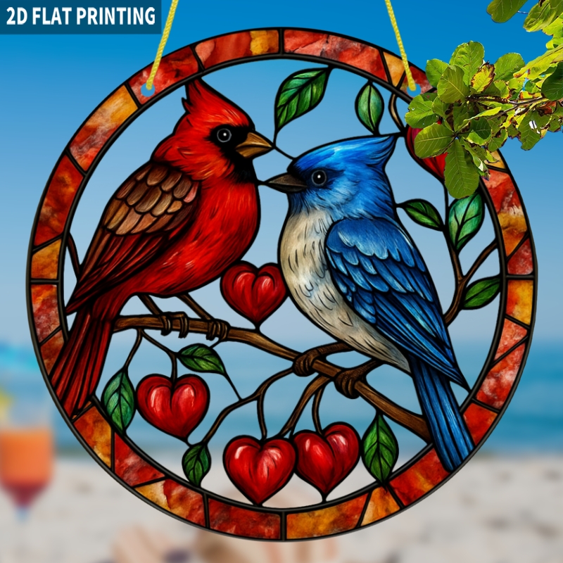 TEMU 2D Plat - Plan 2D, 1pc, Attrape-soleil rond en acrylique, Cardinal et bleu, Attrape-soleil, Décoration suspendue, Décoration de fenêtre, Œuvre